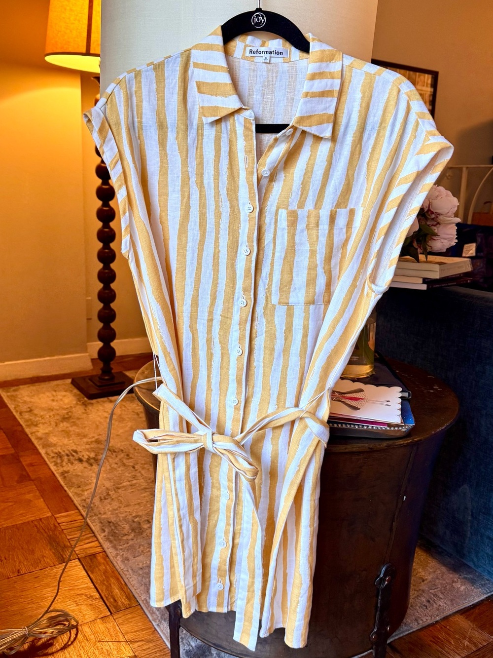 Reformation Yellow and White Striped Tie-Waist Shirt Dress